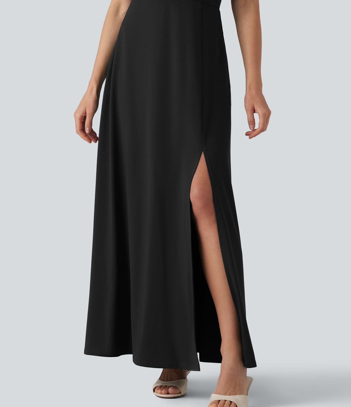Robe longue fluide de demoiselle d'honneur et d'invitée de mariage, fendue, à manches à volants et col V profond, avec soutien-gorge intégré et poches