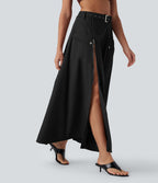 Jupe longue décontractée taille mi-haute avec ceinture fermeture éclair fente et poches latérales