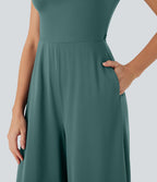 Combinaison de yoga Softlyzero™ Airy Cool Touch à col cranté, manches courtes, jambes larges et poches latérales - Édition Easy Peasy