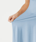 Robe mini fluide de vacances dos nu col carré sans manches froncée à bretelles croisées et brassière intégrée