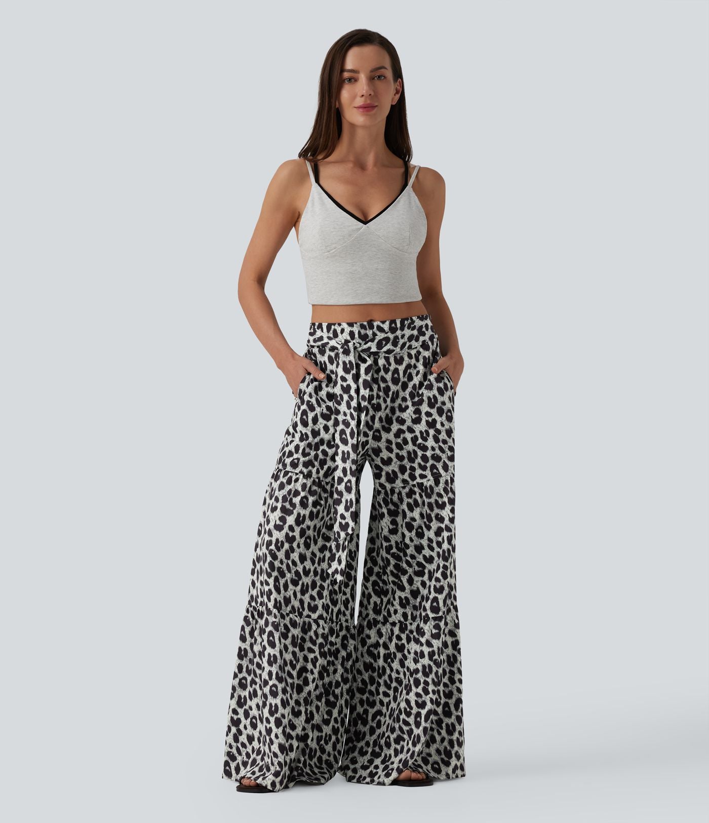 Pantalon ample décontracté taille mi-haute avec nœud devant imprimé léopard avec poches