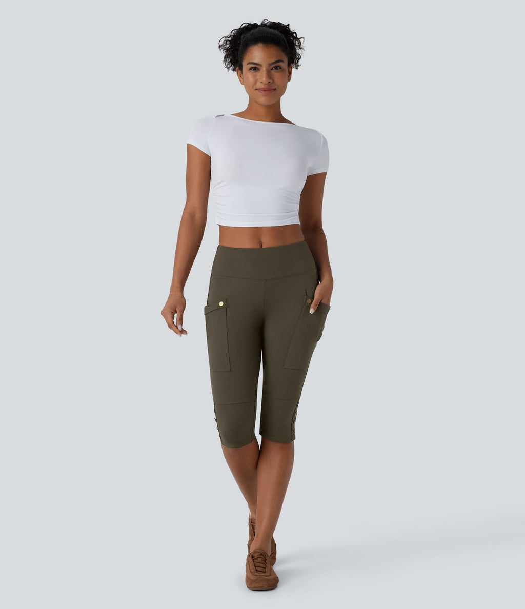 Pantalon pedal pusher ajusté gainant taille haute avec poches décoratives DayStretch