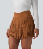 Jupe mini de soirée ajustée effet daim taille haute croisée 2-en-1 à franges