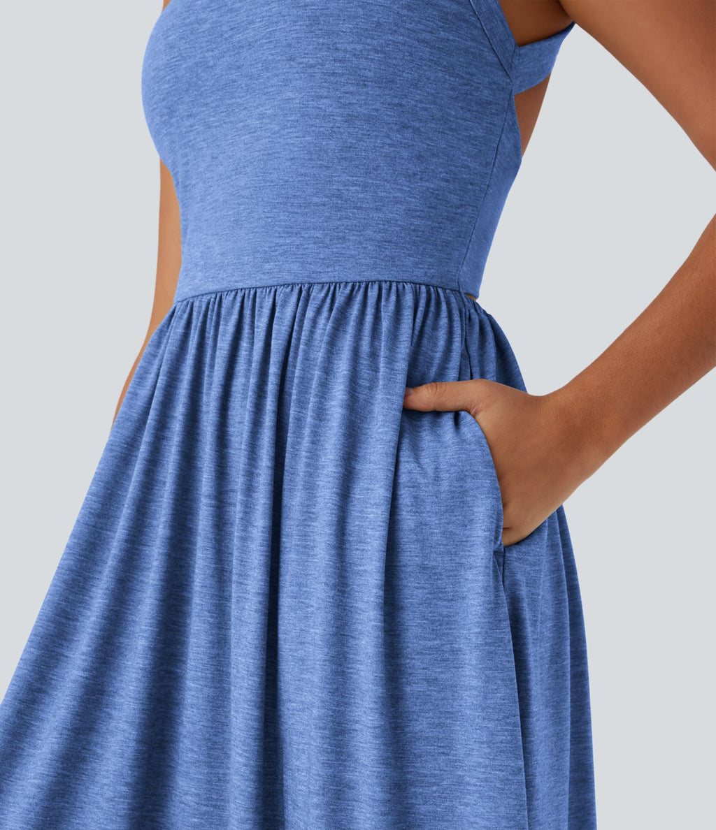 Robe longue fluide fendue avec poches latérales, dos nu et effet torsadé