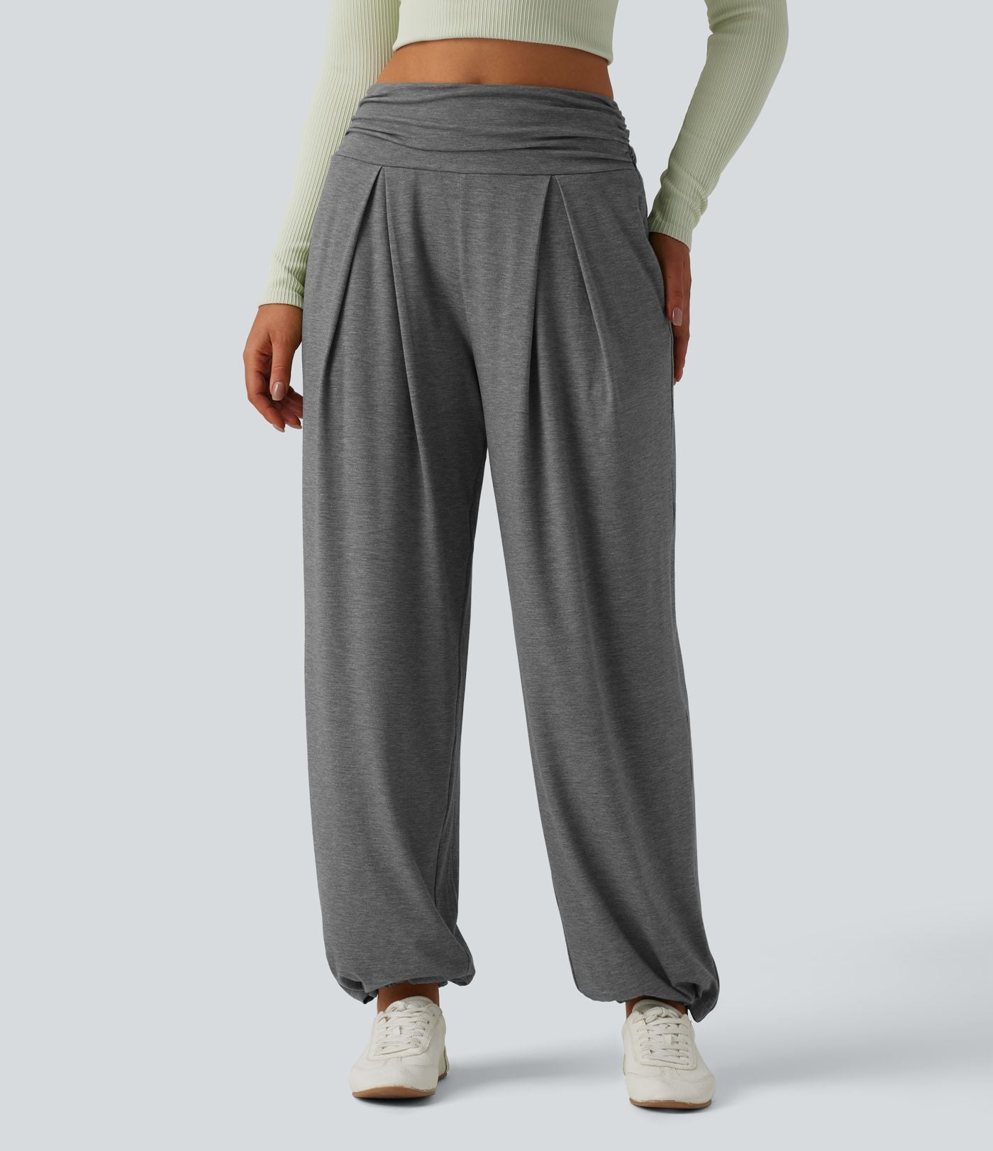 Pantalon de yoga chiné froncé taille haute avec poches