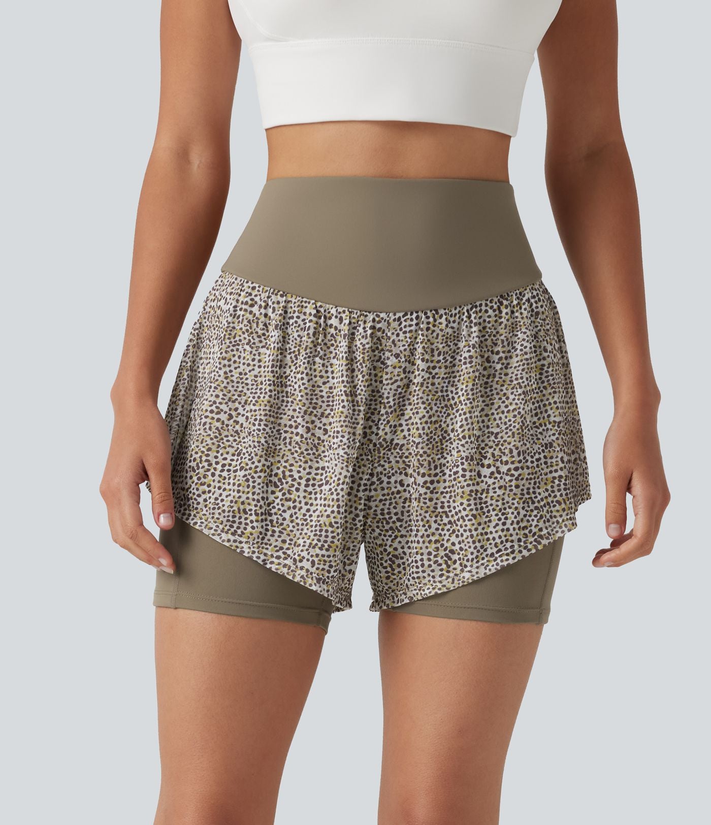 Short baggy de running 2-en-1 taille haute à imprimé léopard avec poches