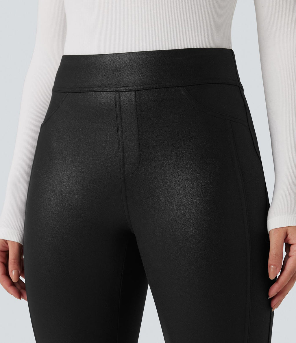 Legging décontracté taille haute en tissu enduit brillant avec poches