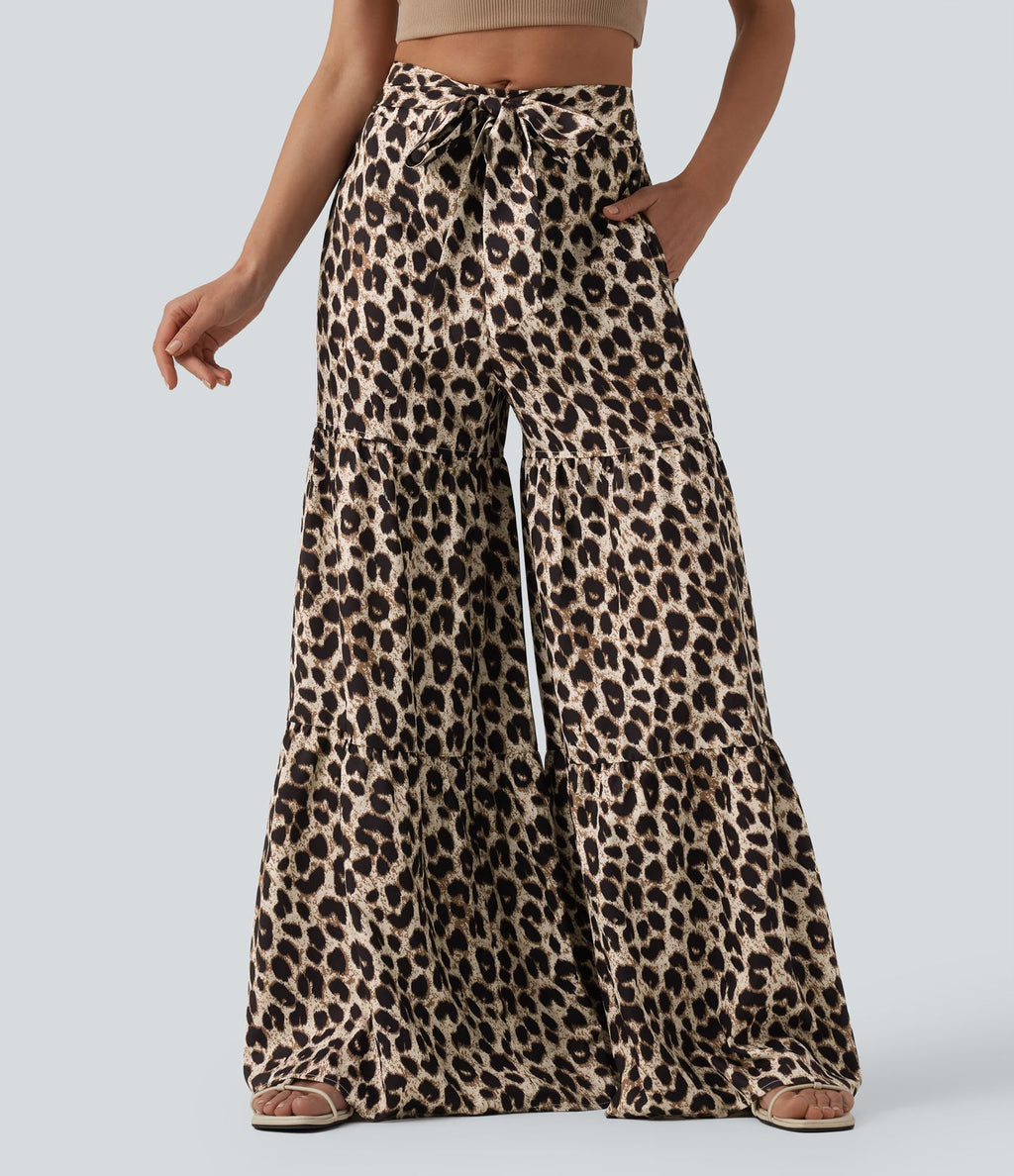 Pantalon ample décontracté taille mi-haute avec nœud devant imprimé léopard avec poches