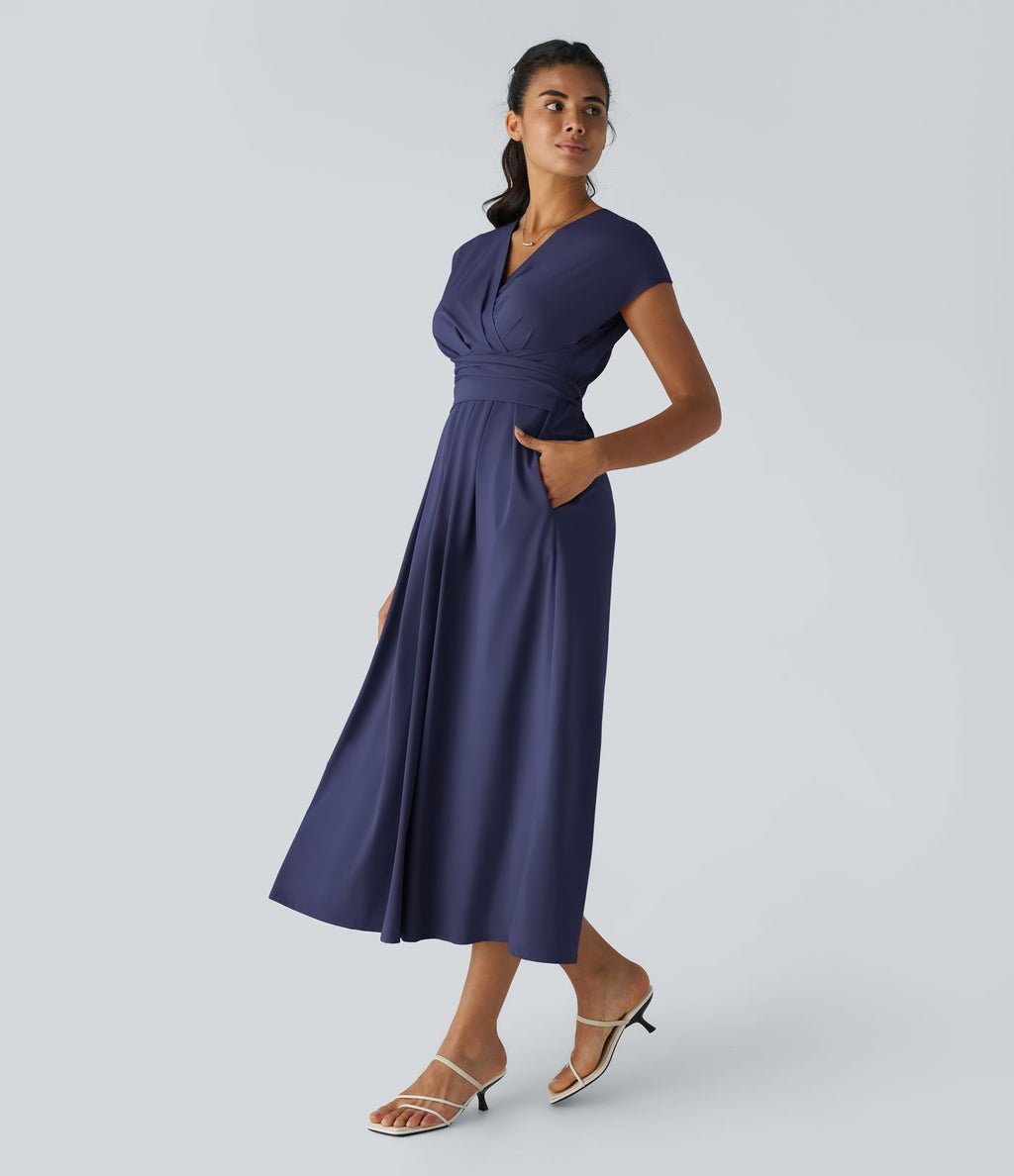 Breezeful™ Robe Mi-Longue Col en V Manches Courtes Poche Latérale Nouée au Dos Séchage Rapide