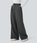 Pantalon Tailleur Large Fluide à Rayures, Taille Haute, Bouton et Fermeture Éclair, Poches Latérales