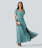 Robe maxi fluide col carré manches courtes soutien-gorge intégré dos noué