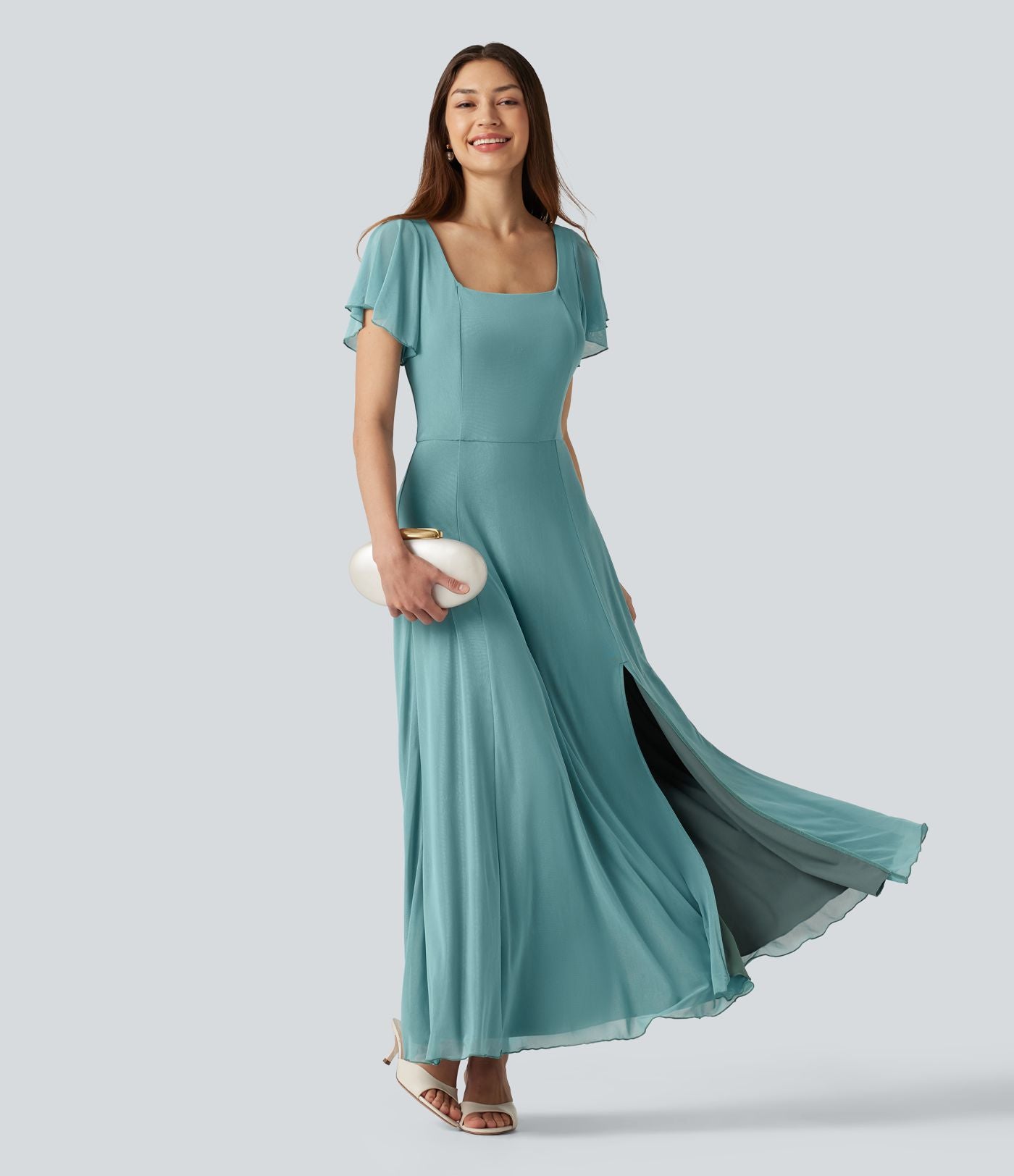 Robe maxi fluide col carré manches courtes soutien-gorge intégré dos noué