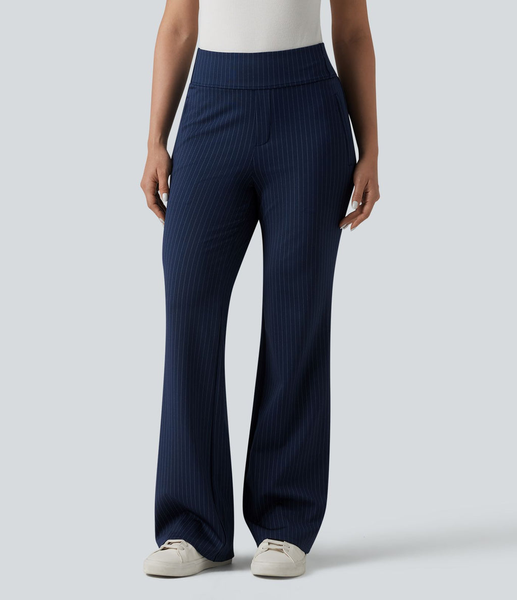 Pantalon tailleur évasé taille mi-haute à rayures, avec poches