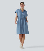 Robe-chemise casual denim en lyocell drapé à col, cordon de serrage, braguette boutonnée et poches