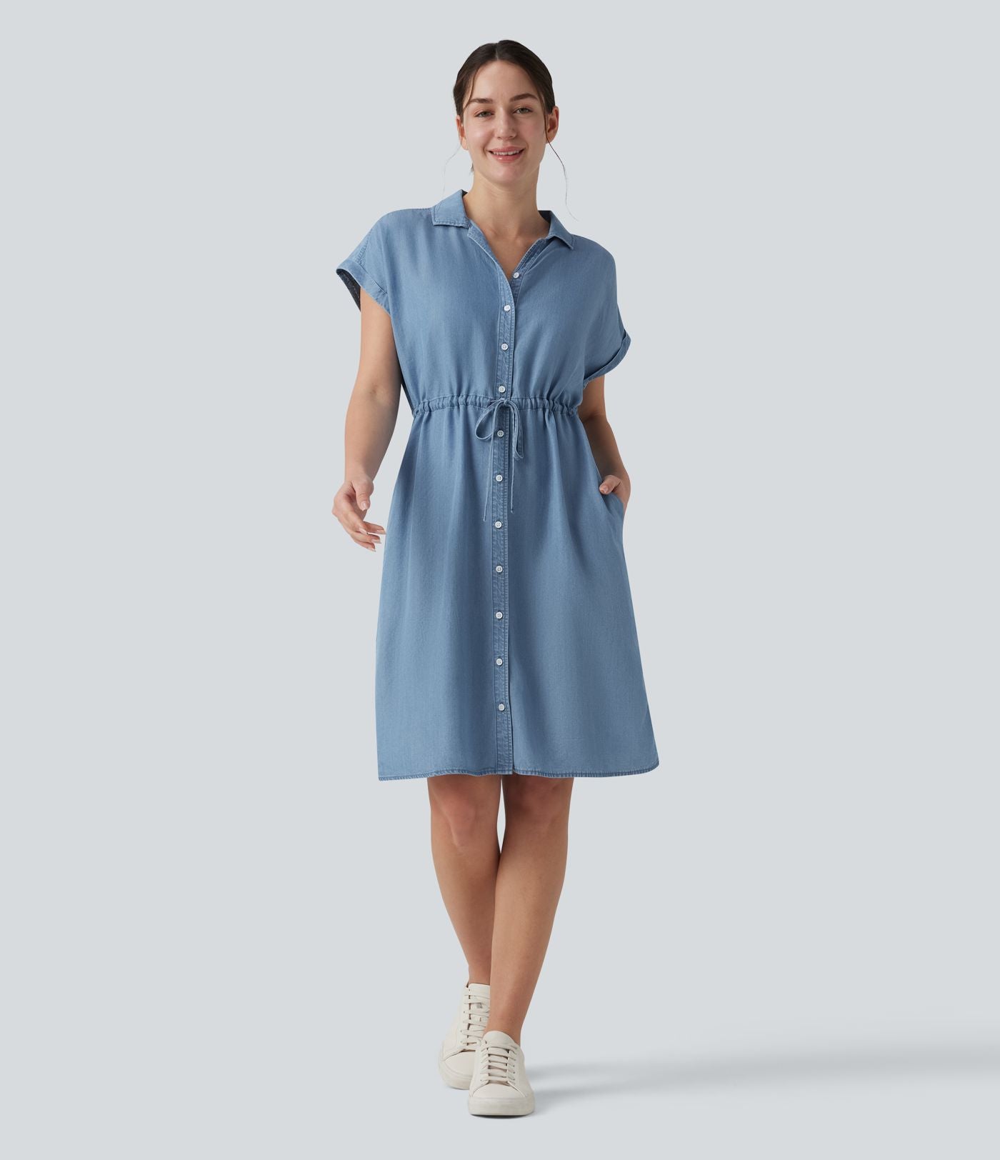 Robe-chemise casual denim en lyocell drapé à col, cordon de serrage, braguette boutonnée et poches
