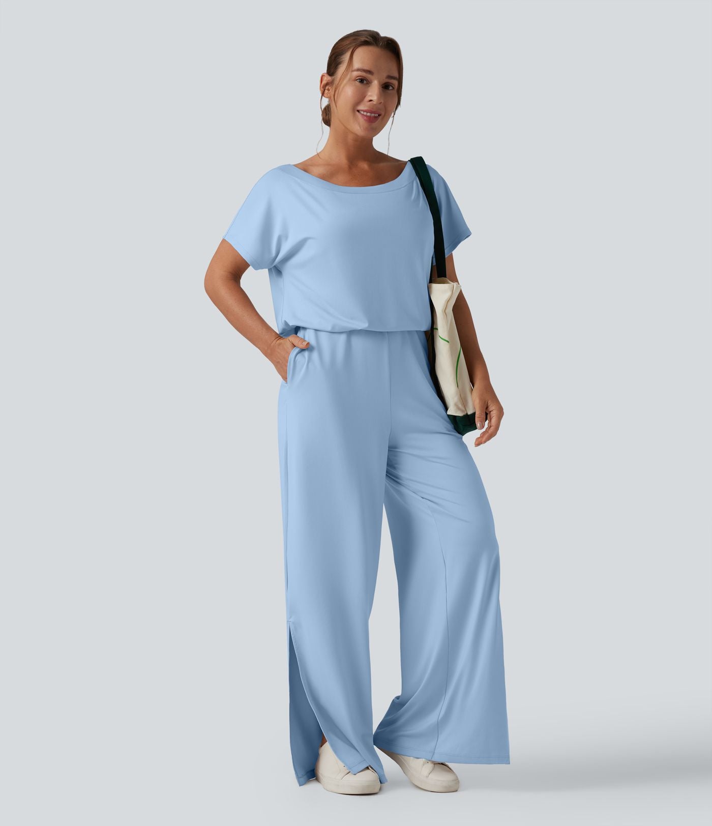 Combinaison casual asymétrique manches courtes avec poches et fente - Easy Peasy