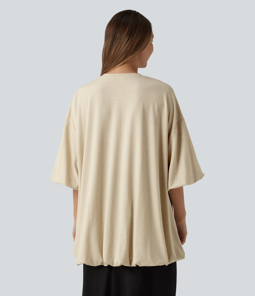 Top casual oversize col rond à manches mi-longues et ourlet boule