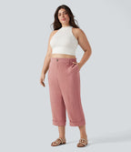 Pantalon de villégiature capri effet lin, grande taille, taille haute, avec poches