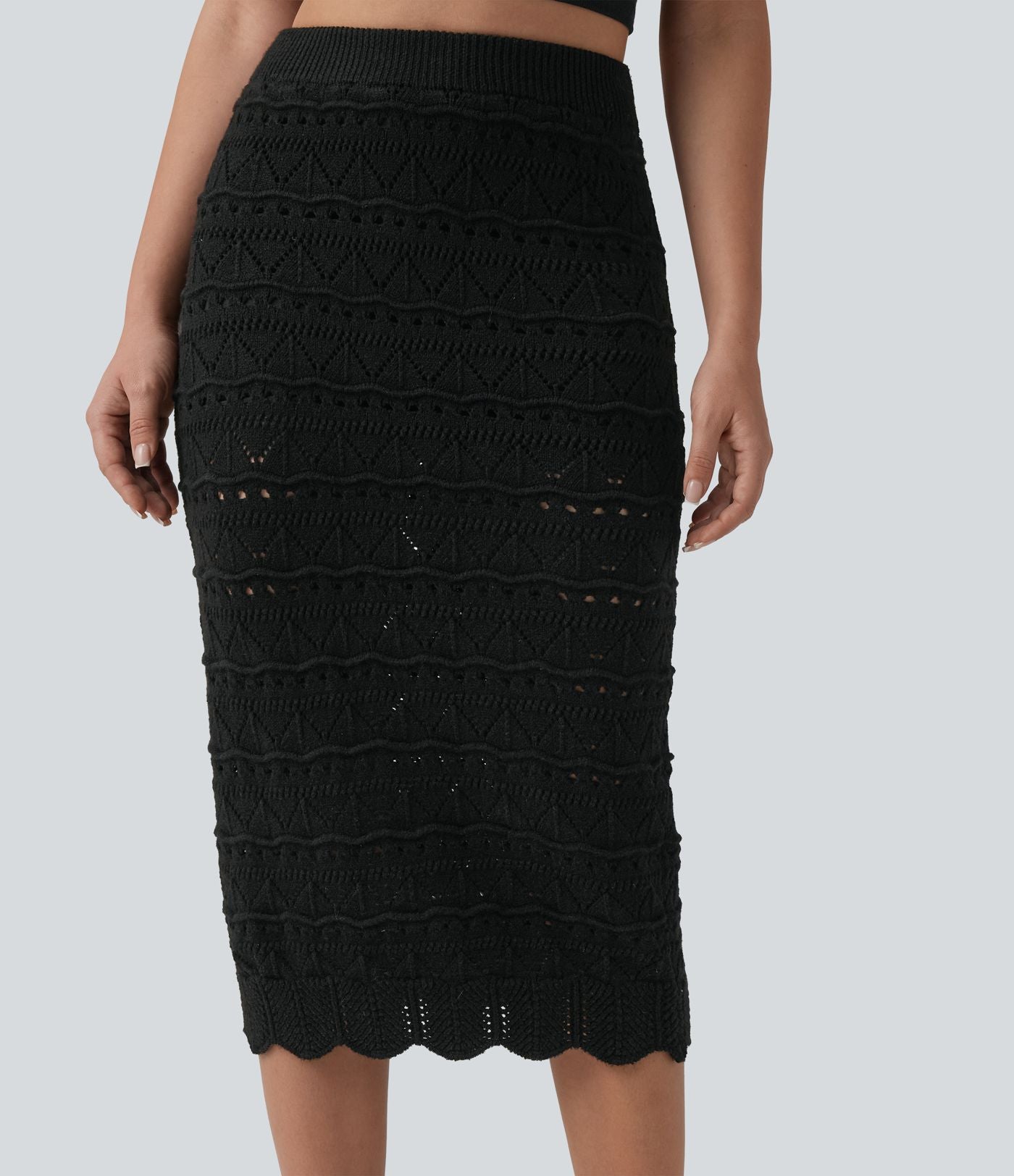 Jupe mi-longue maille ajourée 2-en-1 taille haute avec poches