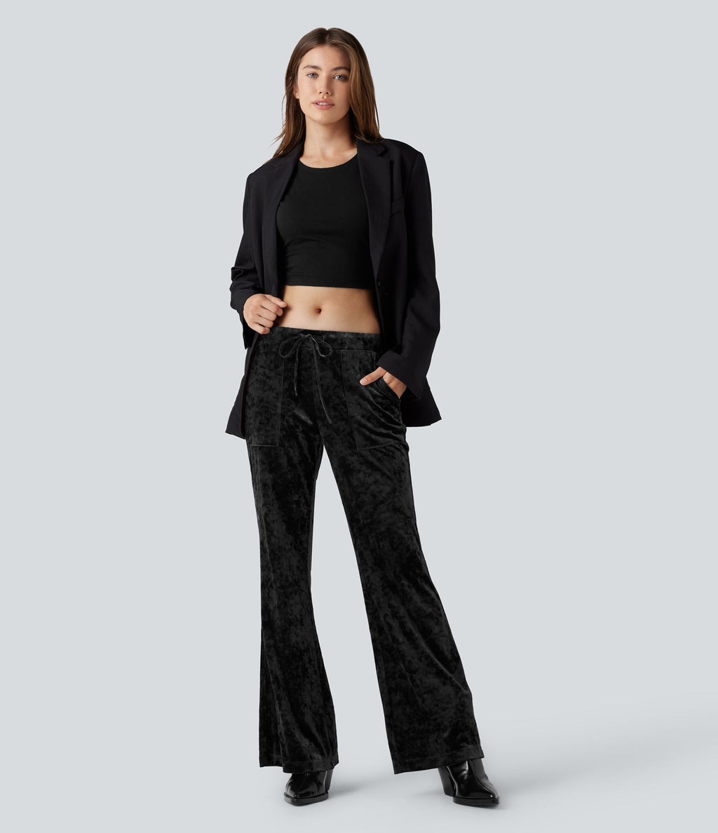 Pantalon évasé velours taille basse avec cordon de serrage et poches