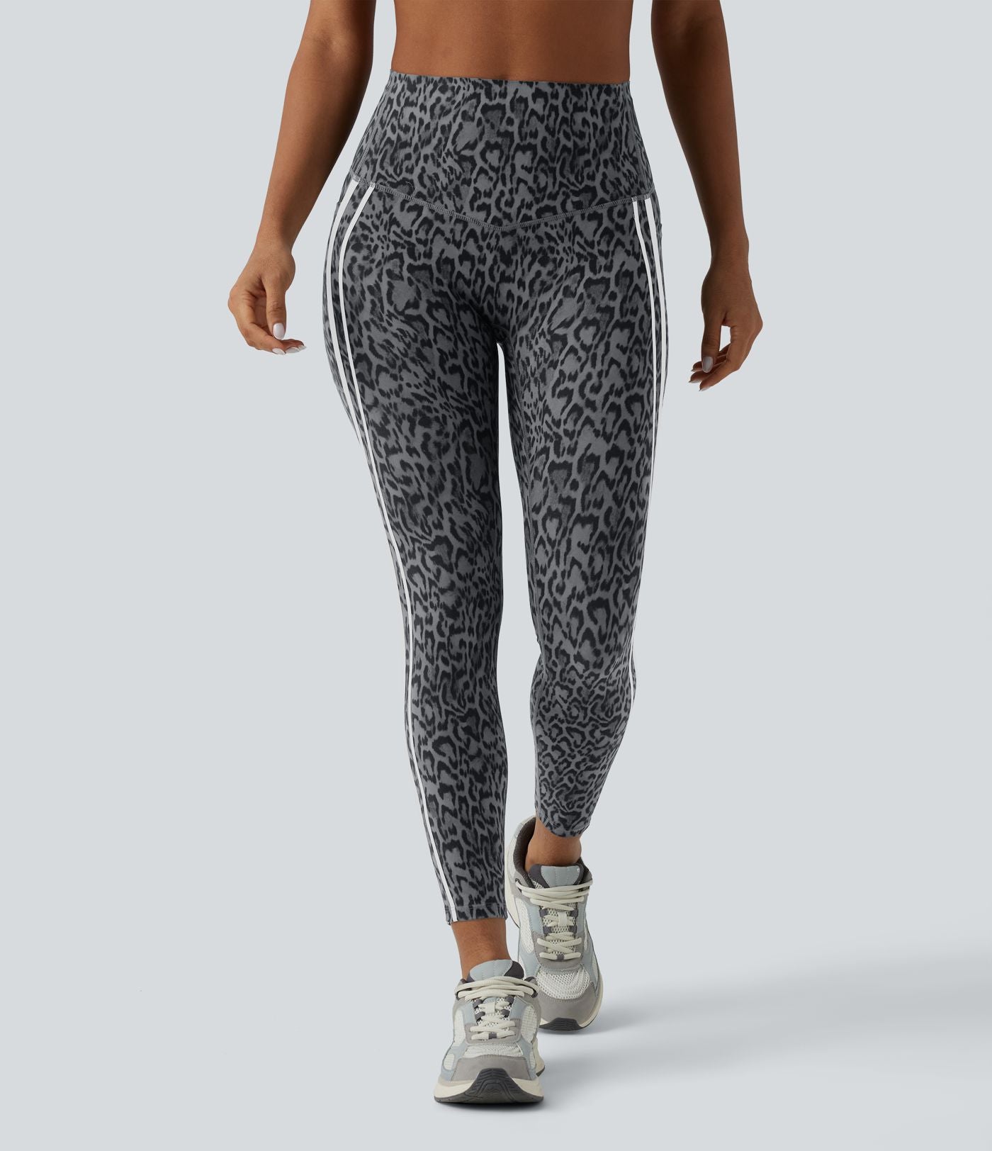Legging 7/8 d'entraînement taille haute gainant imprimé léopard et rayures color block Halara UltraSculpt™ avec poches