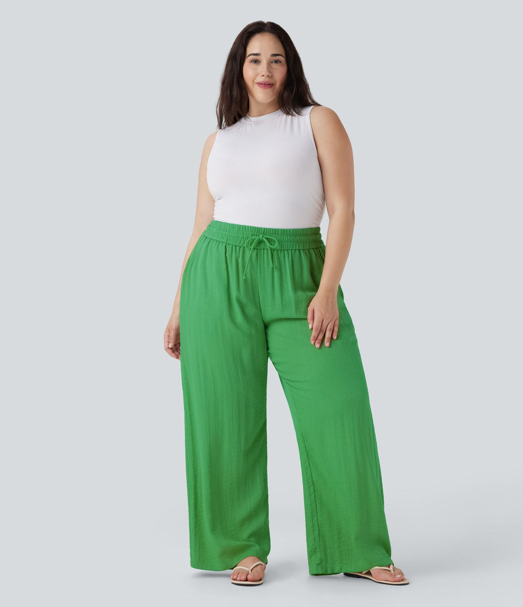 Pantalon décontracté grande taille large fluide taille haute effet lin avec cordon de serrage et poches