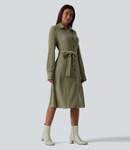 Robe de bureau mi-longue en maille côtelée à manches longues avec ceinture