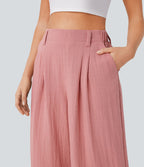 Pantalon décontracté palazzo capri uni effet lin, taille haute, large, avec poches
