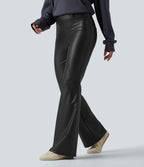 Pantalon évasé décontracté taille haute en tissu enduit doublé polaire extensible avec poches
