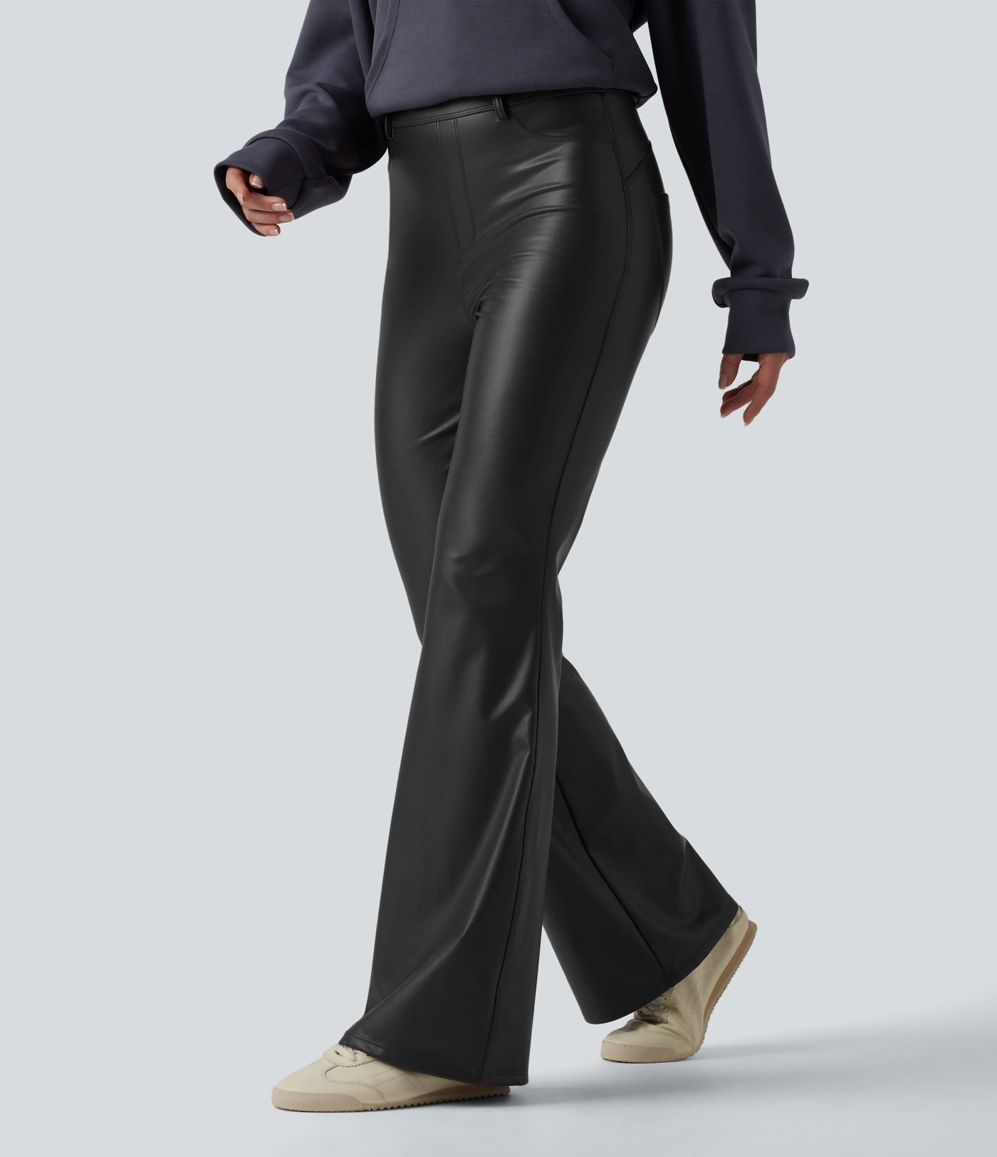 Pantalon évasé décontracté taille haute en tissu enduit doublé polaire extensible avec poches