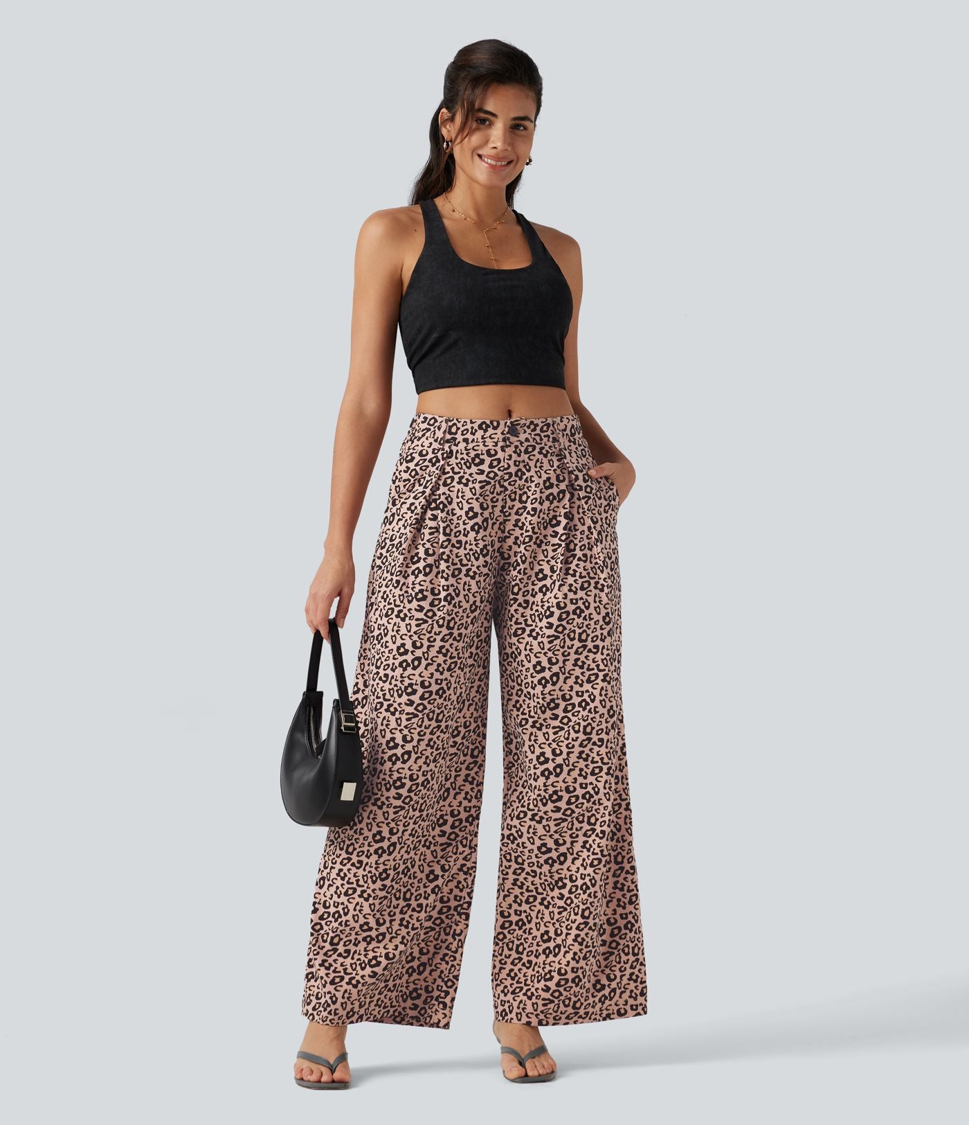 Pantalon large décontracté imprimé léopard taille mi-haute avec poches