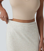 Jupe midi moulante côtelée taille haute aspect lin décontractée