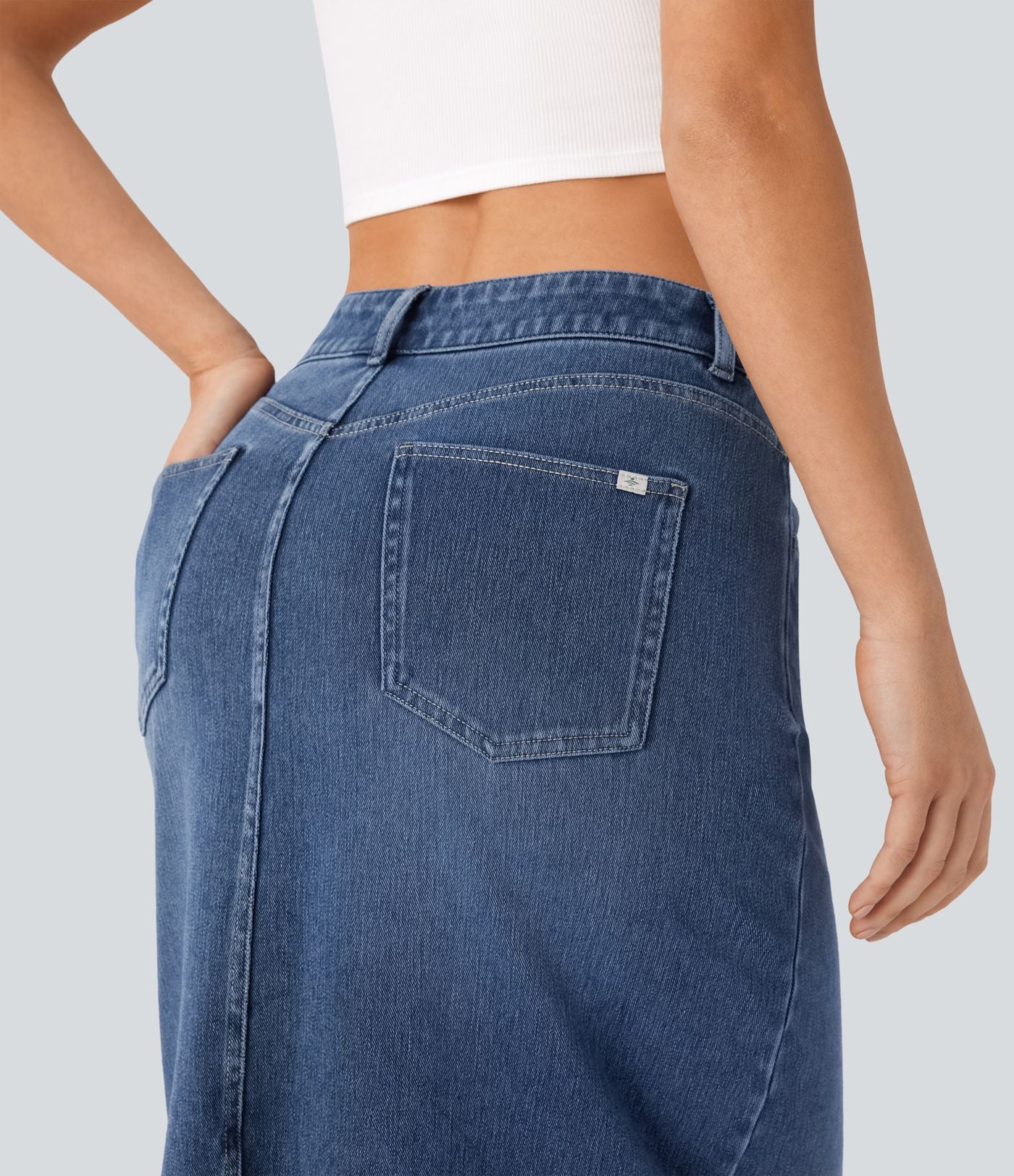 Halara Flex™ Jupe en Jean longue décontractée extensible délavé taille moyenne avec fente et multiples poches