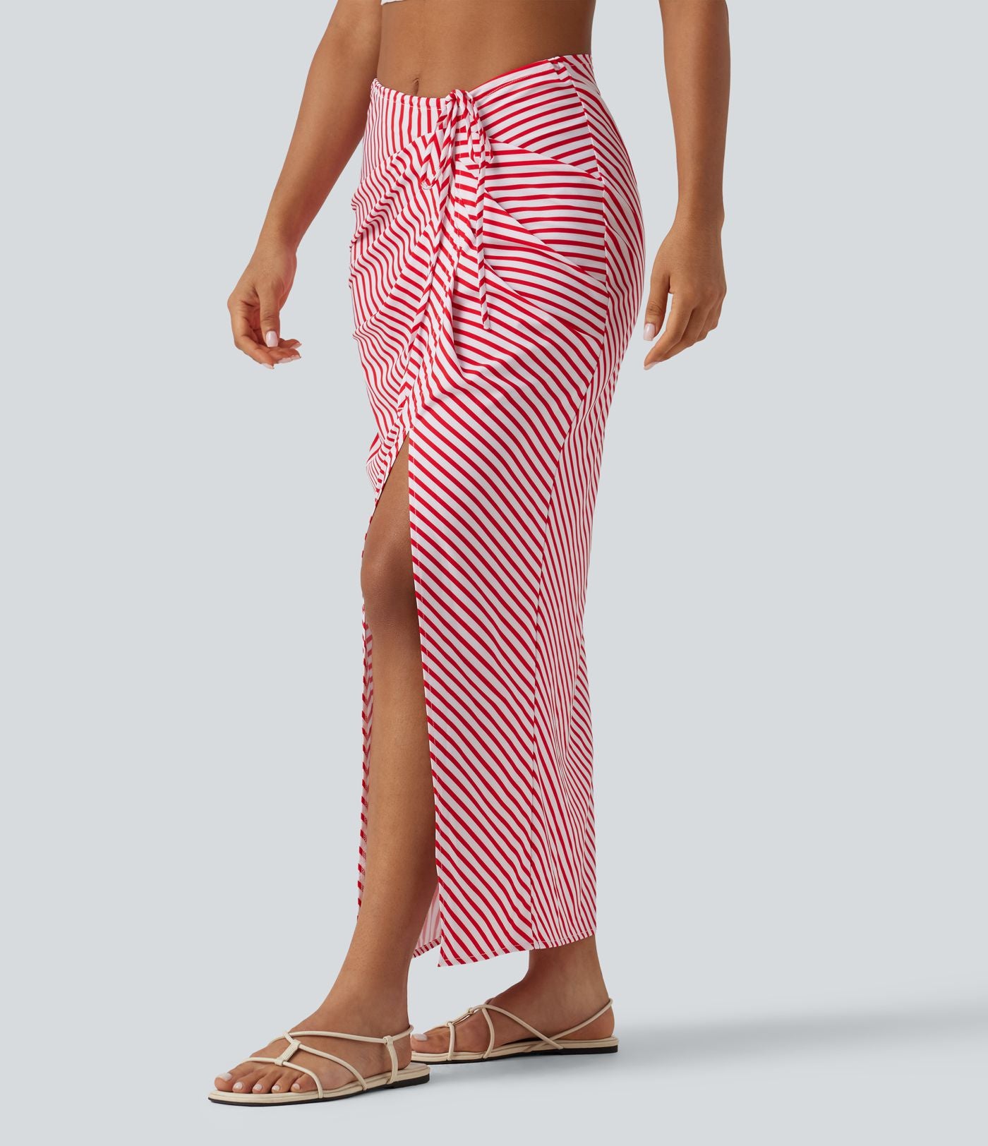 Jupe longue moulante taille mi-haute avec nœud devant et fronces imprimé floral/à rayures