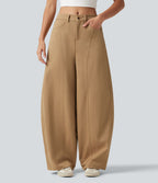 Pantalon casual taille mi-haute coupe barrel avec poches