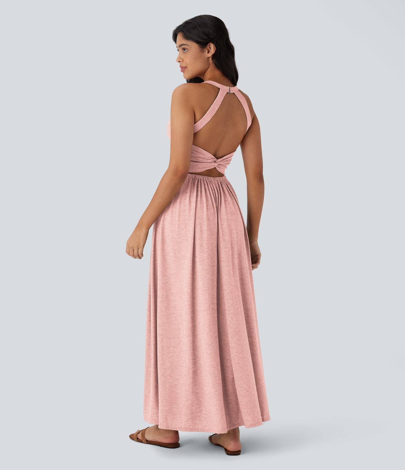 Robe longue fluide fendue avec poches latérales, dos nu et effet torsadé