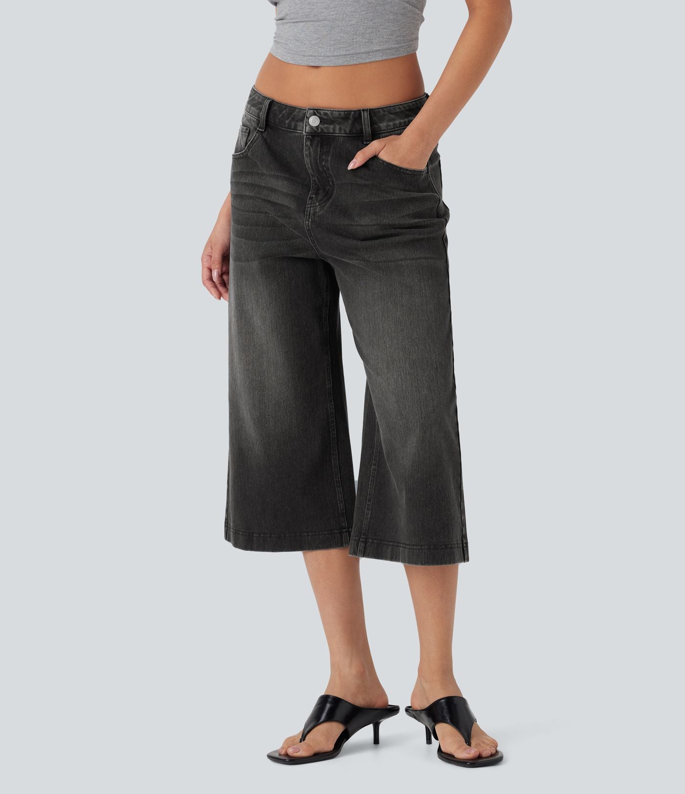 Jean capri décontracté Halara Flex™ baggy taille basse en maille extensible délavée avec poches