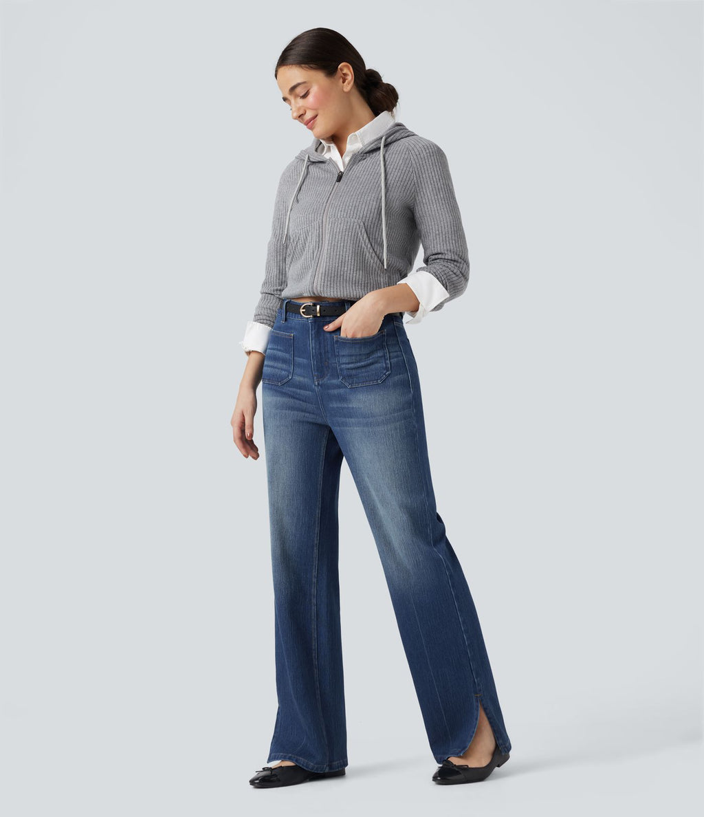 Jean droit délavé Halara Flex™ taille haute avec fente et poches