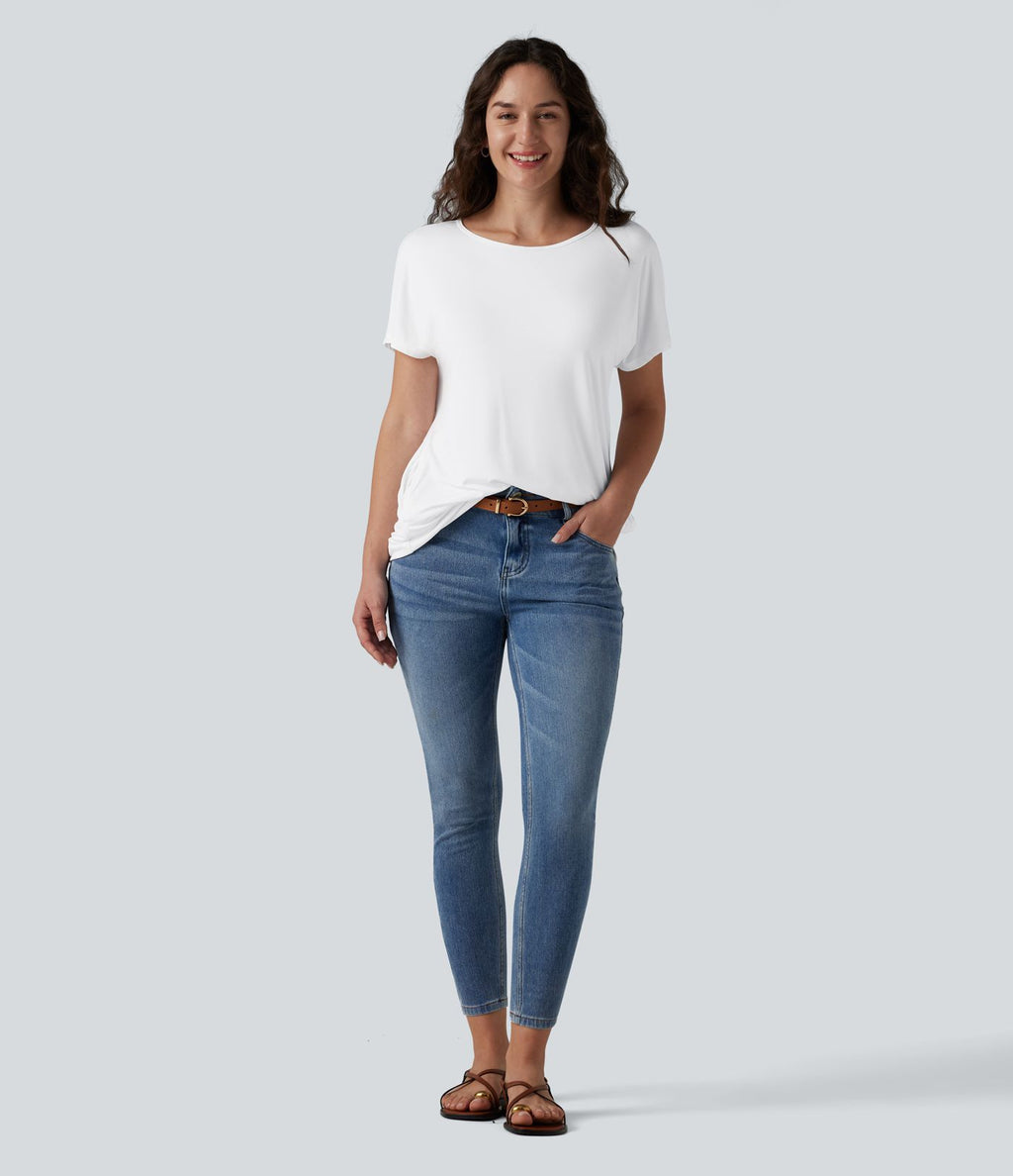 T-shirt décontracté à manches courtes et col bateau, coupe asymétrique, avec poches