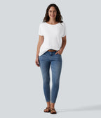 T-shirt décontracté à manches courtes et col bateau, coupe asymétrique, avec poches