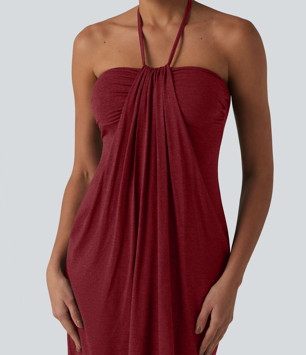 Robe resort mini dos nu à col licou avec lien noué dans le dos et poches