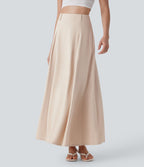 Jupe longue évasée à taille haute avec fermeture éclair invisible, aspect lin
