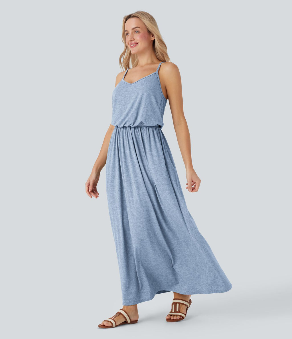 Robe longue fluide type nuisette à bretelles ajustables avec poches