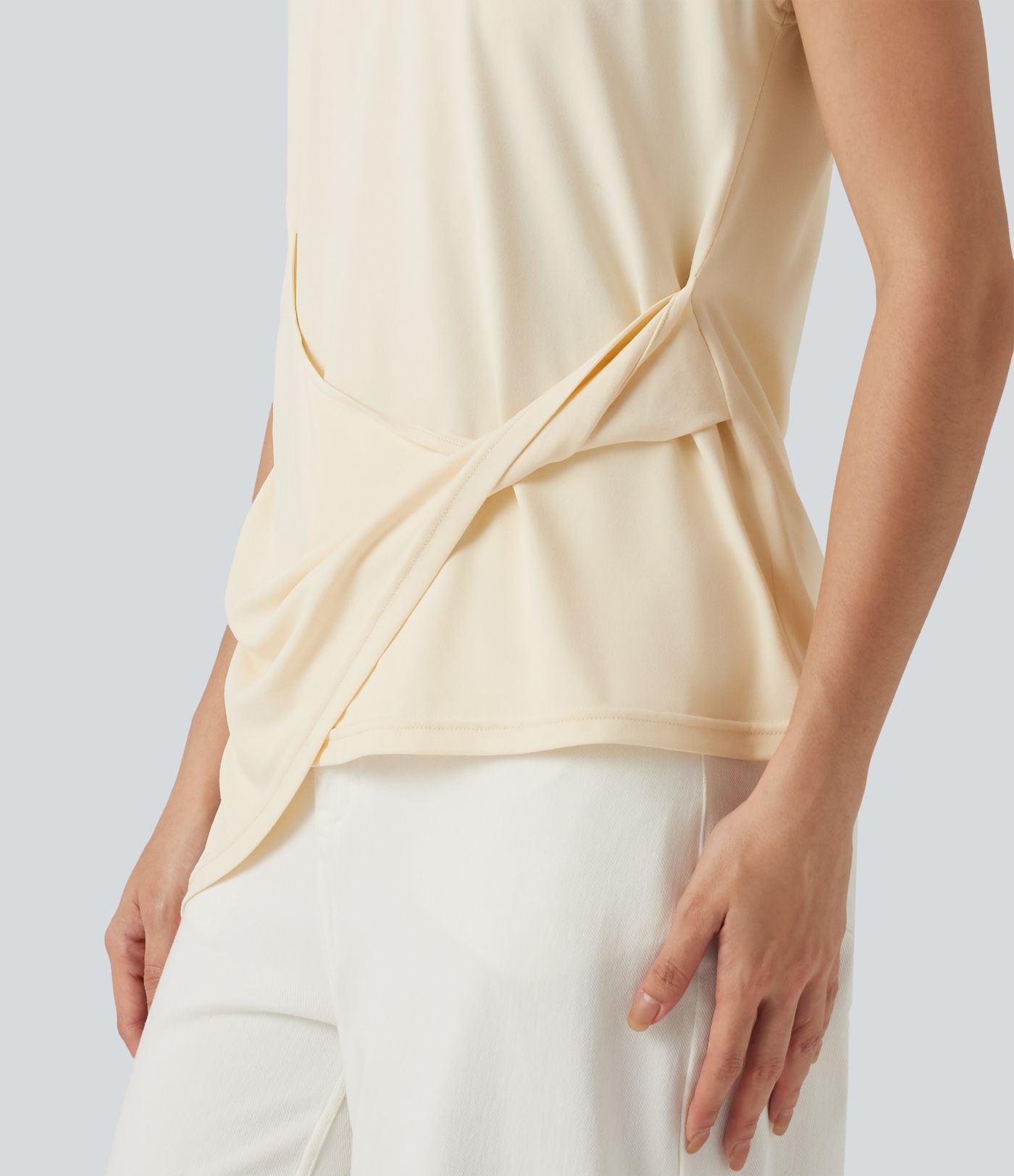 Top casual col rond manches courtes ourlet asymétrique torsadé
