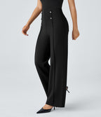 Pantalon Tailleur Large Taille Haute avec Bouton et Poches