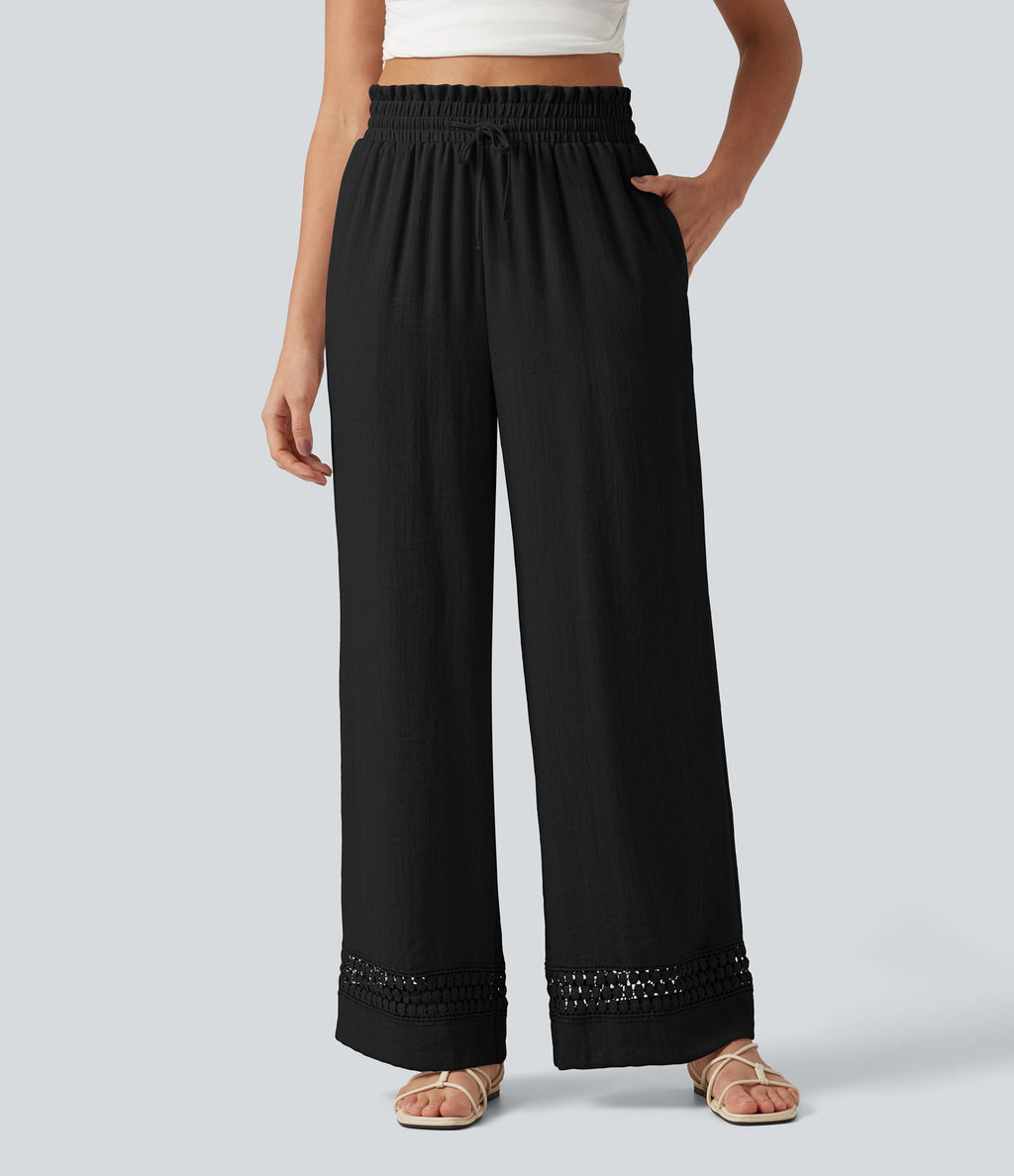 Pantalon effet lin taille haute avec cordon de serrage, bord volanté et poches