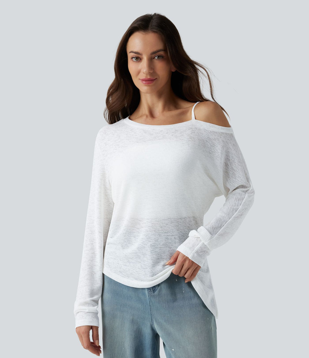 T-shirt décontracté semi-transparent une épaule dénudée à manches longues et ourlet asymétrique