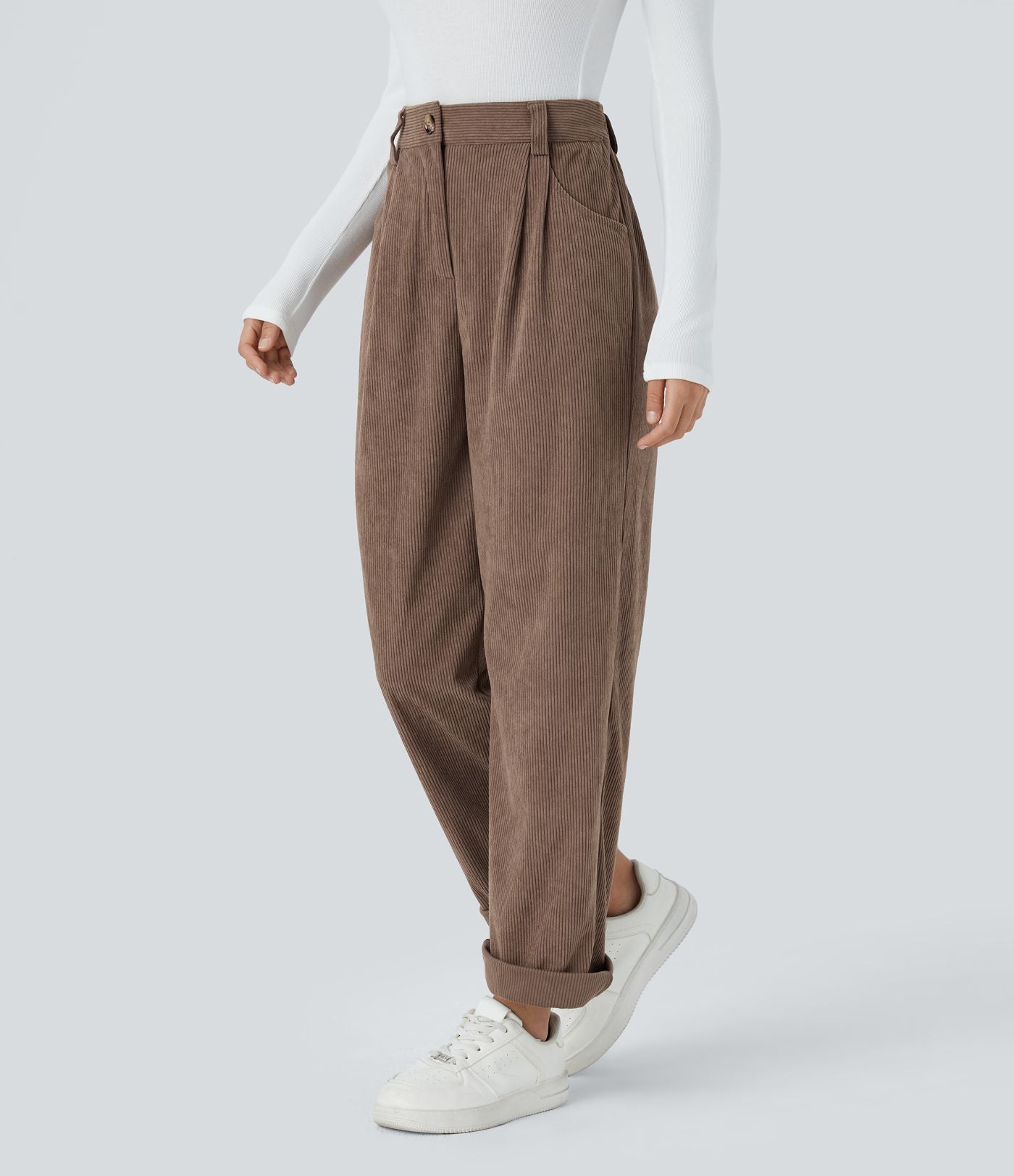 Pantalon décontracté en velours côtelé, taille haute, avec poche zippée