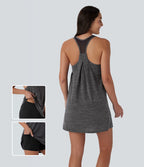 Robe active de yoga mini 2 pièces à encolure en U, dos nu, dos nageur, maille contrastante et poche latérale