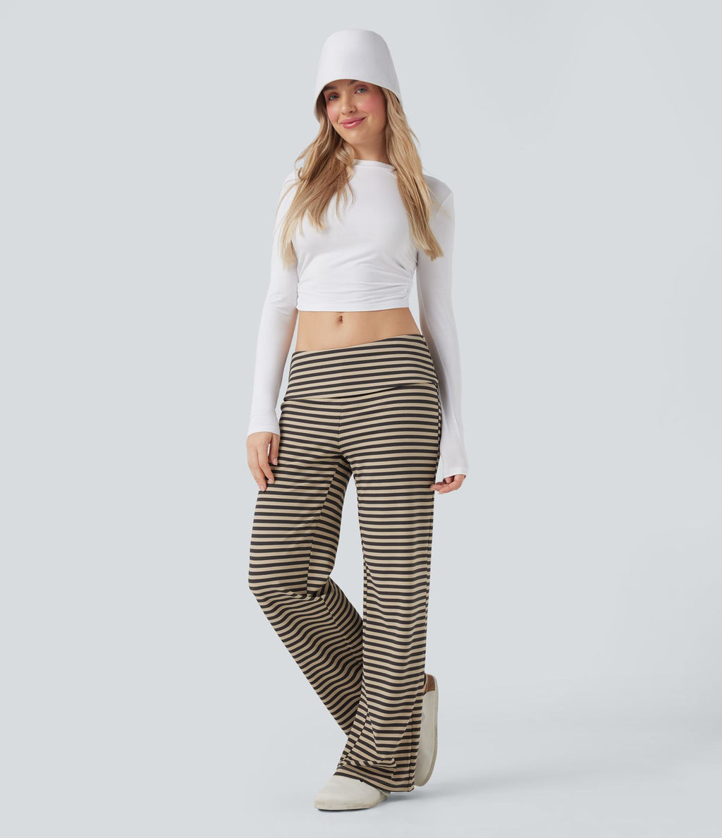 Pantalon évasé rayé taille basse à rabat